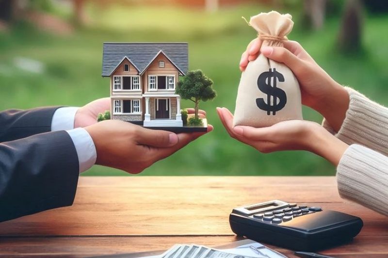 Businessman and woman hand holding a model home and money bag